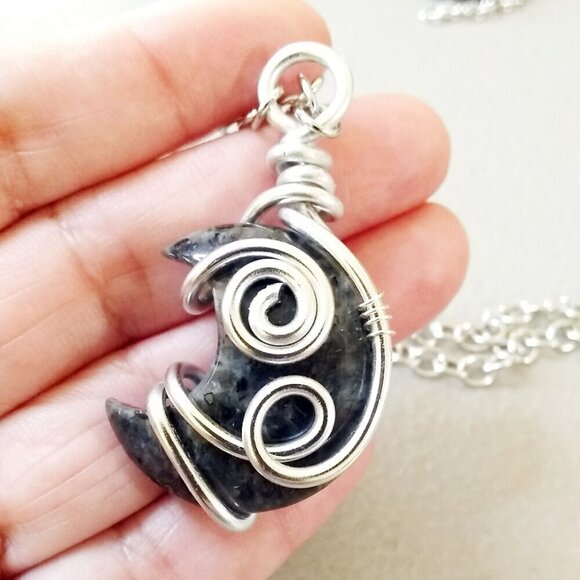 Chunky Larvikite Moon Pendant! Wire Wrapped - Gray Silver Black Labrador… - Picture 4 of 12